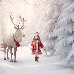 Christmas Reindeer Digital Background. Christmas Digital Backdrop for Photography. MAgical Snowy forest. Instant download.