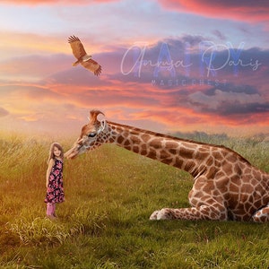 Digital background Giraffe , golden creamy nature , sunset digital backdrop , digital prop for photography composite