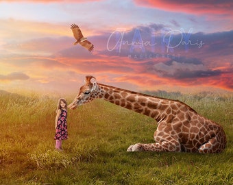 Giraffe Sunset Digital Backdrop: Creamy Golden Nature (Digital Download)