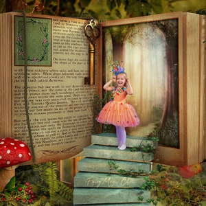 Digital backdrop for photography. Storybook in the forest. Digital background for composite photography.