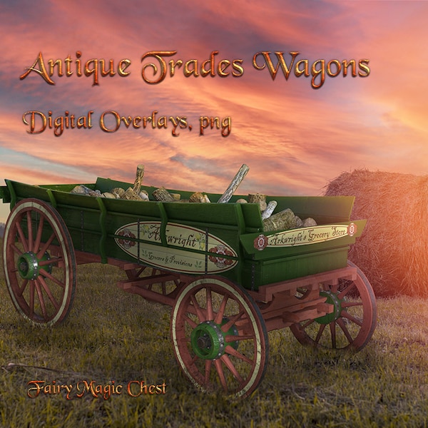 Antique trades wagons, digital overlays, png on transparent backdround. Pack includes wood overlay as a gift.