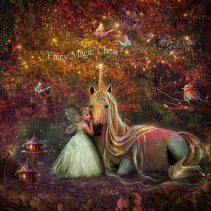 Unicorn digital background, rainbow colors, enchanted forest with fairy houses and sparkles, magical place, fantasy backdrop for photography image 1