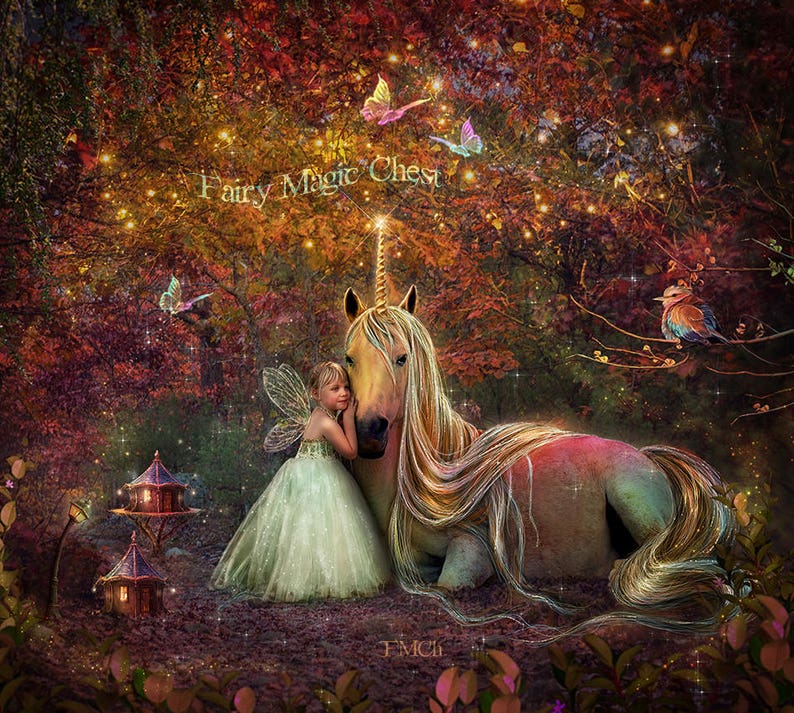 Unicorn digital background, rainbow colors, enchanted forest with fairy houses and sparkles, magical place, fantasy backdrop for photography image 1