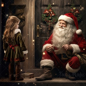 Puede incluir: Una niña pequeña con un vestido de terciopelo verde y una cinta roja se encuentra frente a Santa Claus, quien está sentado en un escalón con una bolsa de regalos. La escena se desarrolla frente a una puerta de madera con una corona navideña colgada encima. Los copos de nieve caen en el fondo.
