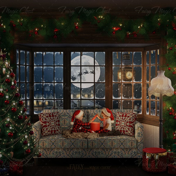 Digital backdrop / background , beautiful Christmas place by the window, old London view. For composite photography and photoshop edits.