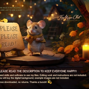 May include: A digital illustration of a cute cartoon mouse holding a sign that says "Please, Please Read!" The mouse is standing on a wooden platform surrounded by flowers and a lit candle. The background is a forest scene with fairy lights.