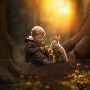Digital Backdrop , rabbit with flowers in the forest. Easter bunny. Woods. Digital Background Photography Photoshop. Instant download