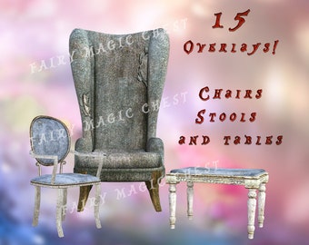 Pack with furniture : armchair , chairs , stools and tables , overlays png on transparent background, vintage, retro style , Wonderland