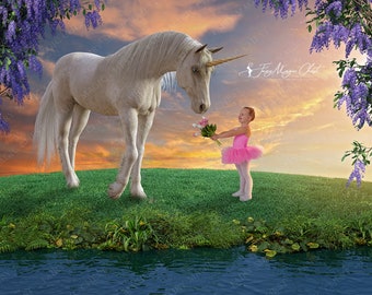 Unicorn digital background,  place with river and lilacs, digital backdrop for photography