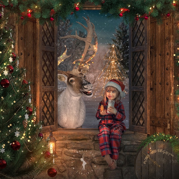 Christmas digital background / backdrop for photography and Photoshop. Lovely vintage scene with a Santa's reindeer smiling.