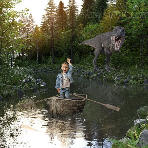 Dinosaur in the river digital background. Boat in the river, T Rex in the scene. Digital backdrop for Composite Photography.