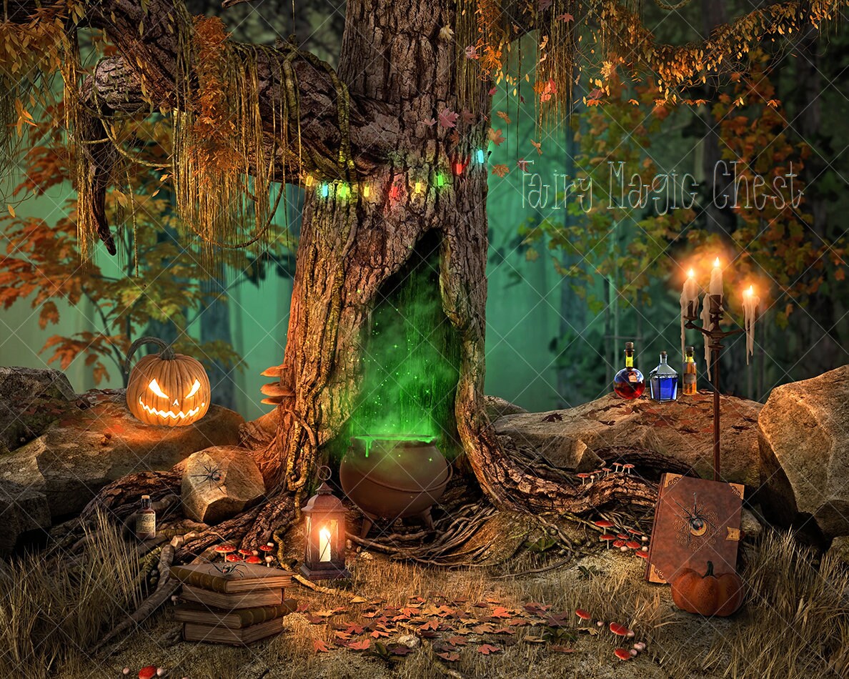 Aazon.co : DePhoto Halloween Photography Backdrop Witch Agic Cauldron Bookshelf In Spooky - View #5