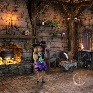 Digital background / backdrop Halloween , interior cottage with fireplace ,  for wizard or witch, use in Photoshop, composite photography