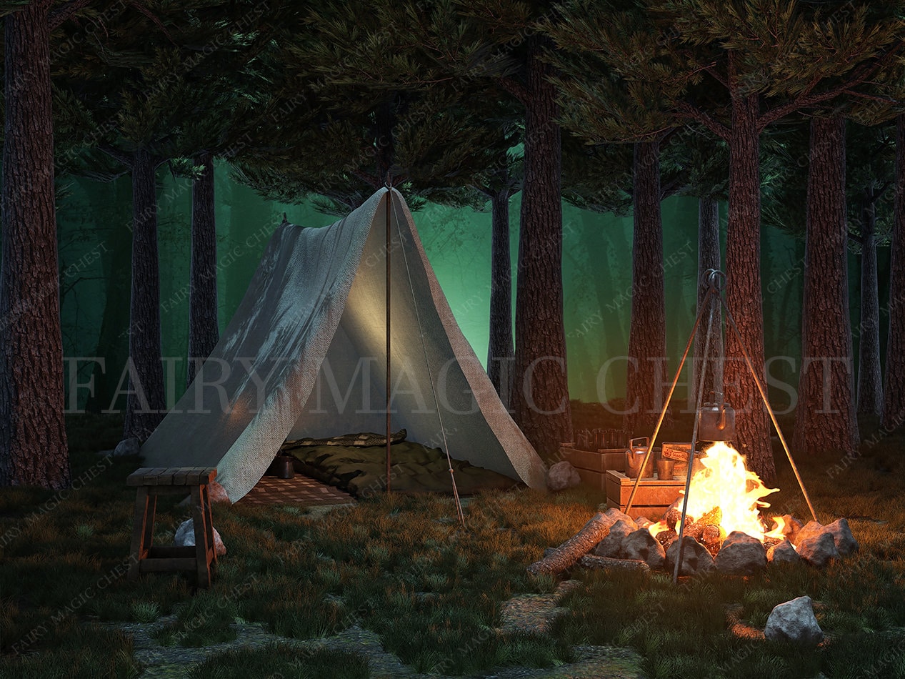 Camping site at night. Tourist tent on forest clearing and young hiker  standing in front of, image size:1267x950