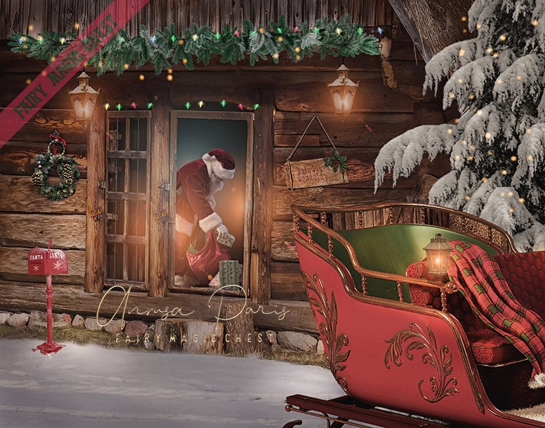 Digital Background / Backdrop Santa in Cottage Sleigh - Etsy