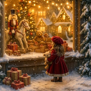 May include: A festive Christmas scene with a child in a red coat and beret holding a teddy bear, gazing at a shop window. The window displays a decorated Christmas tree, gifts, a rocking horse, and a nutcracker. Snow covers the ground and evergreen trees.