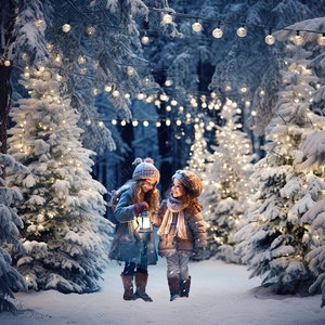 Snowy Christmas Trees Digital Background for photography, Winter Wonderland Lights Digital Backdrop. Instant download.