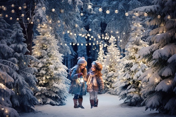 Snowy Christmas Trees Digital Background for photography, Winter Wonderland Lights Digital Backdrop. Instant download.