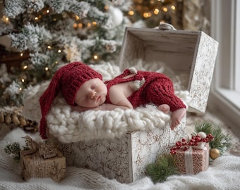 Christmas Newborn Digital Backdrop: Gift Box, Tree (Instant Download 5000x4000 px)
