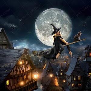 May include: A young witch flies on a broomstick in front of a full moon and a village of houses with lit windows. A black cat sits on the broomstick behind the witch.