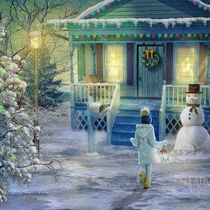 Sfondo digitale natalizio, scena invernale innevata, pupazzo di neve accanto alla casa, stile vintage, ispirato alle vecchie cartoline di Natale