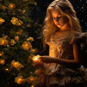 Fairy Tale Garden Digital Backdrop - Magical Glowing Flowers Night Scene, Enchanted  Digital Background