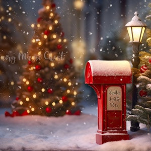 Fondo digital navideño, buzón de Papá Noel nevado, para fotografía, fondo digital. Descarga instantánea.