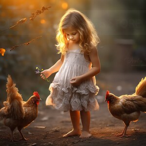 May include: A young girl in a white dress stands in a sunlit outdoor setting, holding a small bouquet of wildflowers. Two brown chickens with red combs are nearby. The scene evokes a sense of rural charm and childhood innocence.