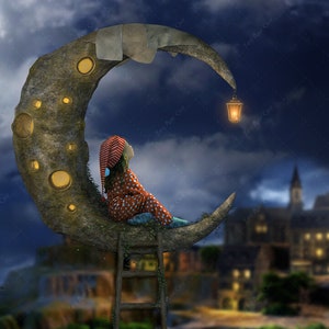 Digital background / backdrop Moon and stairs , magical night . Moon with craters, like a fantasy cheese!