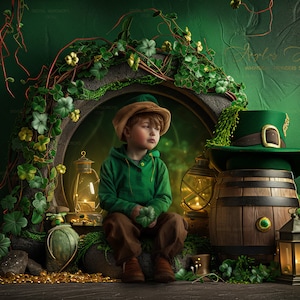Può includere: Un bambino piccolo vestito di verde e un cappello da folletto è seduto di fronte a una botte di legno con un cappello verde in cima. La botte è decorata con un gioiello verde. La scena è ambientata in una foresta con foglie e viti verdi.