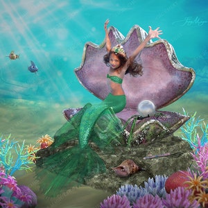 Mermaid Digital Background for Composite Photography. Shell with pearl and corals under the sea. Mermaid tail included in the scene.