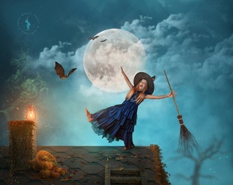 Halloween Rooftop Digital Backdrop: Full Moon, Bat (Digital Download)