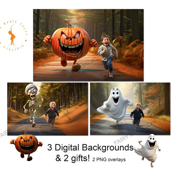 3 Funny Halloween digital backdrops for photography, running digital backgrounds. Pumpkin, Skeleton and Ghost running. Instant download.