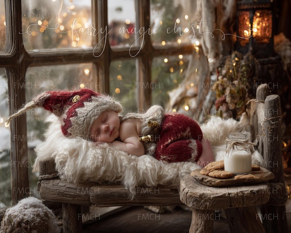 Vintage Christmas Newborn Digital Backdrop: Rustic Bed Photo Prop (300 dpi JPG File)