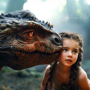 May include: A young girl with long brown braids looks up at a large, brown dinosaur with a red eye. The dinosaur's head is close to the girl's face, and its mouth is slightly open. The background is a blurry forest.