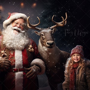 Santa and Reindeer in the Magical Christmas Night. Christmas Digital Background. Christmas Digital Backdrop for Photography.