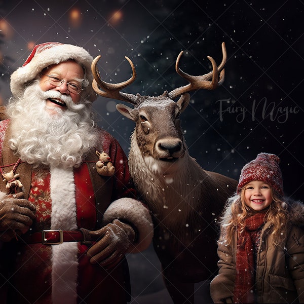 Santa and Reindeer in the Magical Christmas Night. Christmas Digital Background. Christmas Digital Backdrop for Photography.