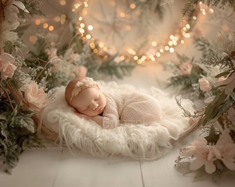 Newborn Digital Backdrop / Background.  Pastel Pink Roses and bokeh. Baby Girl Bed. Prop for Photography Composite.