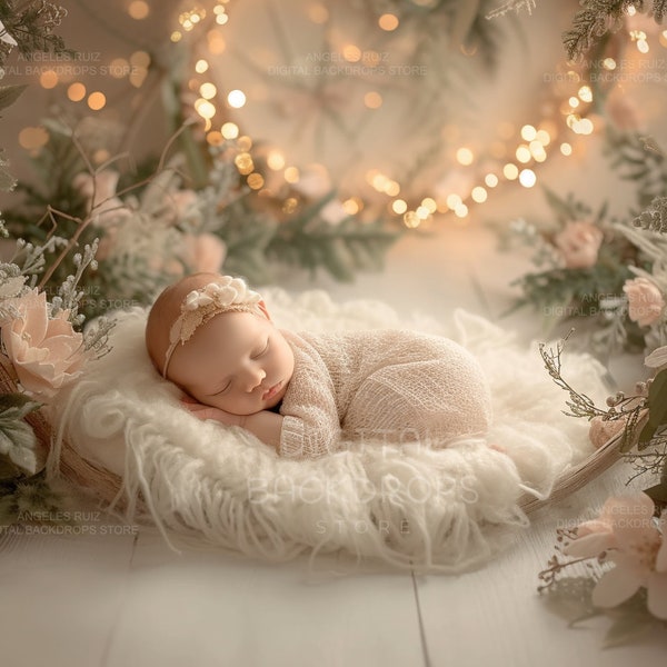 Newborn Digital Backdrop / Background.  Pastel Pink Roses and bokeh. Baby Girl Bed. Prop for Photography Composite.