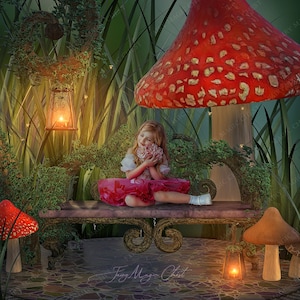 Arrière-plan numérique / toile de fond pour la photographie et Photoshop. Banc et Big Mushroom dans la forêt enchantée pour le thème de la fée ou du pays des merveilles