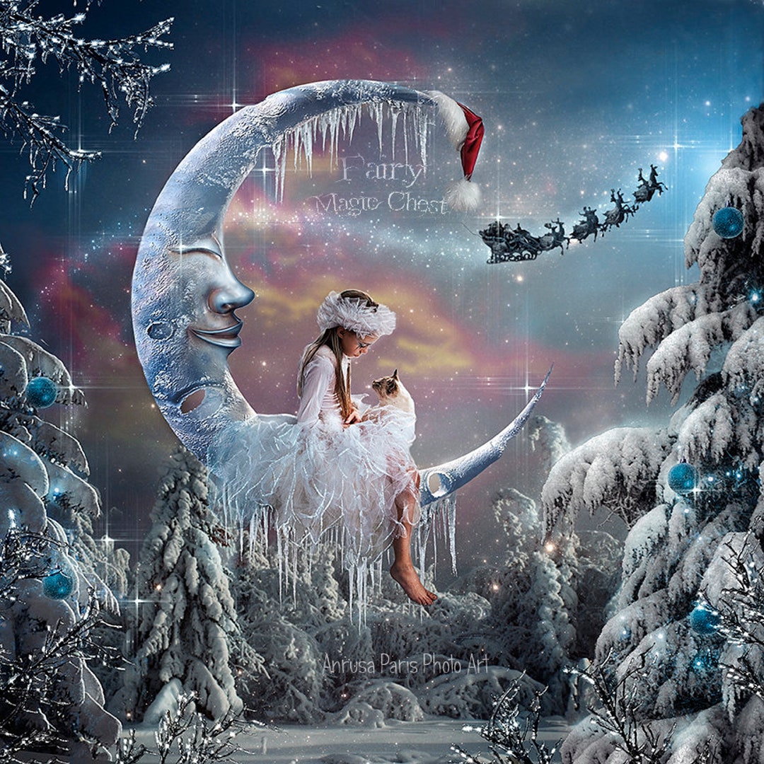 Christmas Moon Digital Background, Winter Digital Backdrop, Fantasy