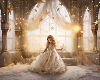 Christmas Fantasy Digital Background for photography, golden stars digital backdrop. Instant download.