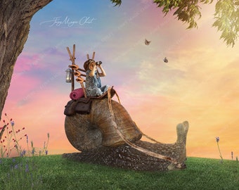 Digital Bakground for kids photography. Snail ride. Fantasy digital backdrop. Instant download.