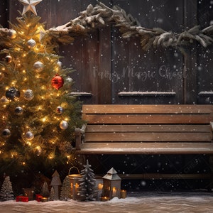 Banco de madera junto al árbol de Navidad: fondo digital para fotografía, fondo digital. Descarga instantánea.