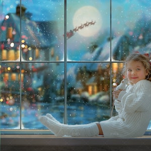 Christmas window digital background / backdrop for photography and Photoshop. Bokeh lights and snow outside.