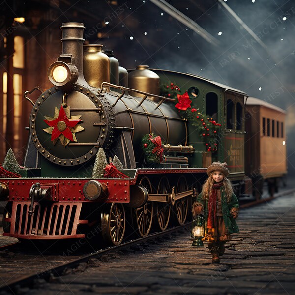 Christmas Train Digital Backdrop. Christmas train station, digital background for photography. Vintage. Instant download