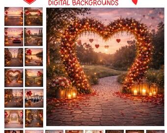 20 Valentine Digital Backgrounds Bundle | Romantic Scenes | Digital Backdrops for Composites | Love Photography Set
