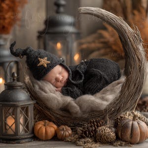 May include: A newborn baby wearing a black witch hat with a gold star and matching outfit, sleeping peacefully in a crescent-shaped nest. The nest is surrounded by pumpkins, pinecones, and a lantern, creating a cozy, autumnal scene.