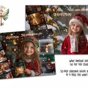 Puede incluir: Dos im&aacute;genes que muestran fondos digitales navide&ntilde;os. Una presenta a una ni&ntilde;a con un traje y gorro de Pap&aacute; Noel rojos, la otra muestra un collage de escenas festivas. El texto incluye "Navidad" y "50 Fondos Digitales".