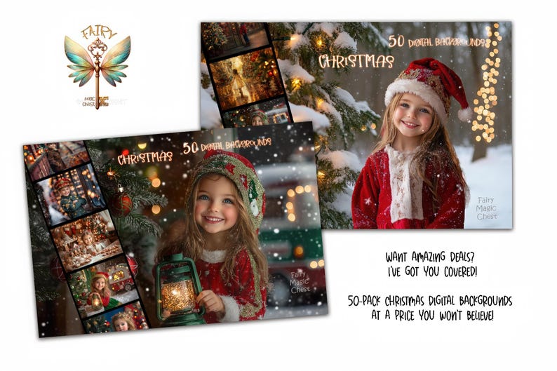 Puede incluir: Dos im&aacute;genes que muestran fondos digitales navide&ntilde;os. Una presenta a una ni&ntilde;a con un traje y gorro de Pap&aacute; Noel rojos, la otra muestra un collage de escenas festivas. El texto incluye "Navidad" y "50 Fondos Digitales".